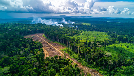 From high above, the immense scale of rainforest destruction becomes tragically clear.の素材