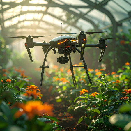 In a lush, sun-drenched greenhouse, an advanced agricultural drone hovers silently over rows of vibrant flowers.の素材