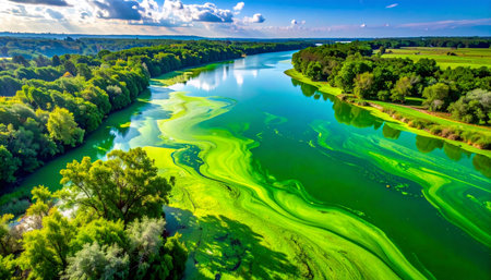 An aerial perspective reveals a stunning yet alarming sight as a vibrant green algal bloom swirls across the surface of a wide river.の素材