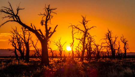A brilliant orange sun sinks below the horizon, casting long shadows and silhouetting a grove of lifeless trees.の素材