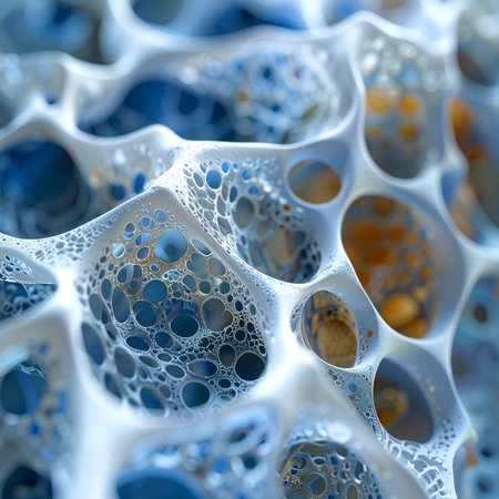 A detailed macro view reveals an intricate and complex cellular network, a web of interconnected pores creating a porous, foam-like structure.の素材