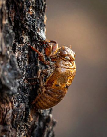Bathed in the warm glow of the late afternoon sun, an empty cicada shell clings to the rough bark of a tree.の素材