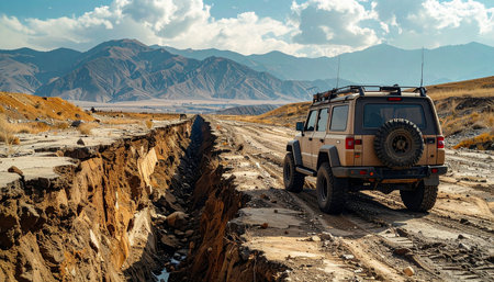 A rugged 4x4 vehicle carefully navigates a treacherous dirt track running alongside a massive fissure in the earth.の素材