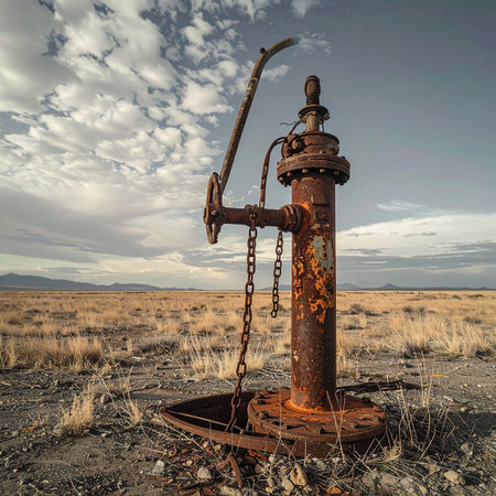 A weathered and rusty old water pump stands as a silent monument in a vast, arid field under a dramatic cloudy sky.の素材