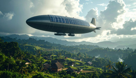 A state-of-the-art airship glides silently above a breathtaking, untouched valley, heralding a new age of sustainable luxury travel.の素材