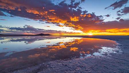 A breathtaking sunset paints the sky with fiery oranges and deep purples, perfectly mirrored in the still, glassy water of a vast, tranquil lake.の素材