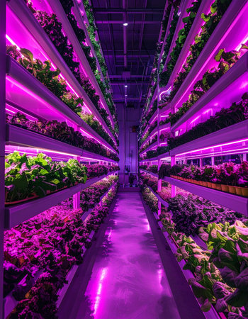 Step into the future of agriculture. A long aisle in a state-of-the-art vertical farm glows with vibrant purple LED lights, nurturing rows of fresh leafy greens.の素材