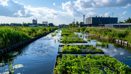 Innovative floating wetlands, rich with lush green plants, drift along an urban canal, actively purifying the water.の素材