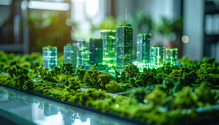 A detailed architectural model showcases a visionary city of the future.の素材