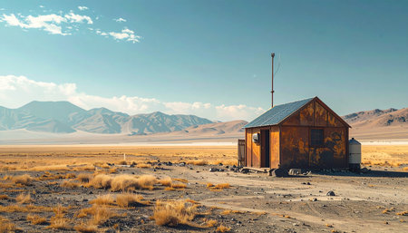 A lone wooden cabin stands as a silent sentinel in the vast, arid expanse of a desert plain.の素材