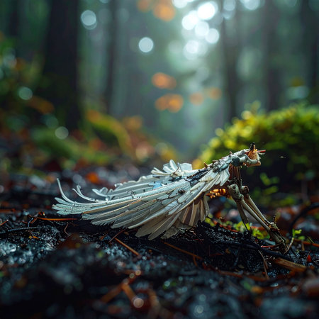 In the quiet depths of an enchanted forest, a mysterious and intricate creature made of delicate white feathers rests on the damp mossy ground.の素材