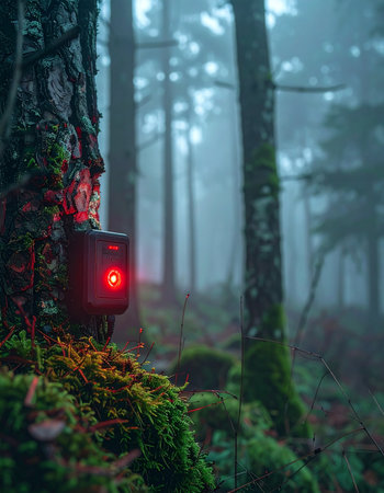 In the heart of a misty and atmospheric woodland, a motion-activated surveillance camera stands guard on a moss-covered tree.の素材