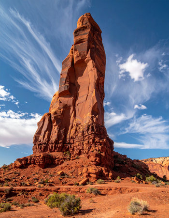 A solitary sandstone tower reaches for a dramatic, cloud-streaked sky in the heart of the American desert.の素材