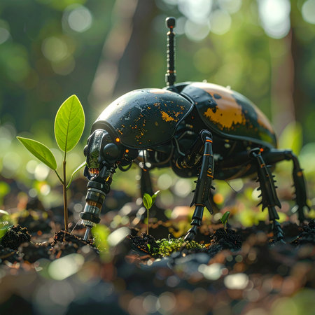 In a lush, sun-dappled forest, a highly advanced robotic beetle carries out its vital mission.の素材