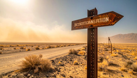 A rusty, weathered signpost stands as a silent guide in a vast, sun-scorched desert.の素材