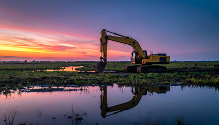 As the day's work concludes, a powerful excavator rests silently against a breathtaking sunset.の素材