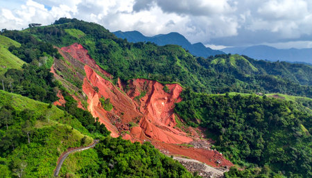 An aerial perspective captures the immense scale of a recent landslide, which has carved a raw, red scar through the otherwise pristine green jungle.の素材