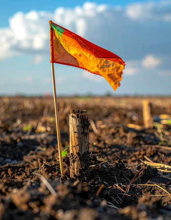 A lone, tattered marker flag stands sentinel in a recently harvested farm field under a vast sky.の素材