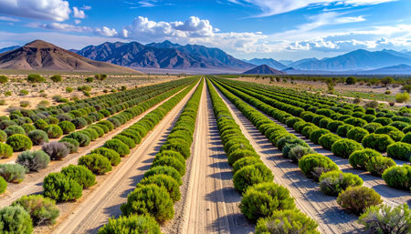 Endless, perfectly aligned rows of cultivated trees create a stunning pattern across the arid valley floor.の素材