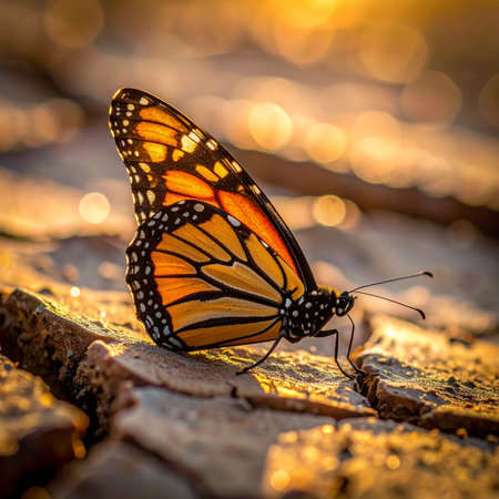 A monarch butterfly rests peacefully on a textured surface, its delicate wings glowing in the warm, golden light of a setting sun.の素材
