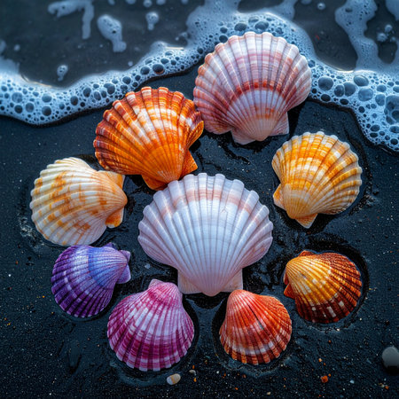 A vibrant collection of rainbow-colored scallop shells rests in a perfect circle on the glistening black sand.の素材