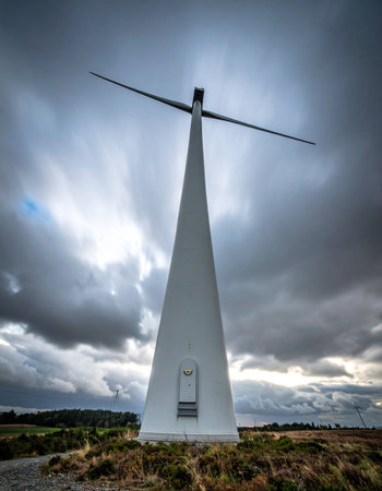A solitary wind turbine stands as a monument to clean energy, its sleek white form contrasting sharply with a dramatic, stormy sky.の素材