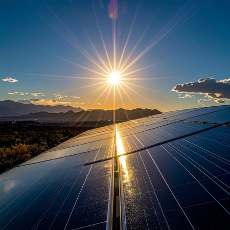 As the sun dips below the distant mountains, its last golden rays are captured by a vast array of solar panels.の素材