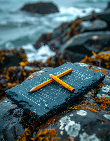 Two pencils rest on a piece of slate etched with lines, a momentary pause in the creative process.の素材