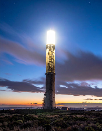 A majestic lighthouse stands tall against a dramatic twilight sky. Its powerful beacon cuts through the evening air, a symbol of guidance, safety, and unwavering hope on the coastal horizon.の素材