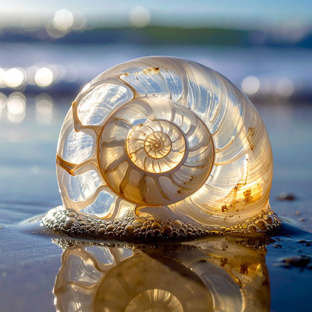 A translucent seashell rests at the water's edge, its intricate inner spiral glowing in the soft light.の素材