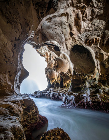 A view from inside a hidden sea grotto, where ancient rock formations frame the bright ocean beyond.の素材