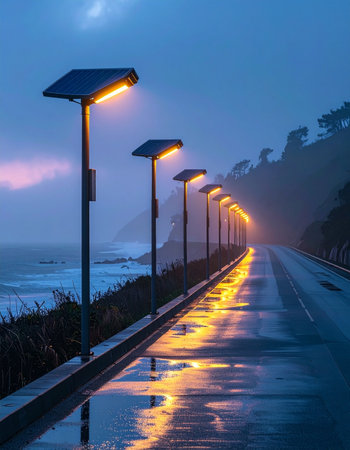 As twilight descends upon a quiet coastal highway, a row of modern solar-powered streetlights casts a warm, golden glow.の素材