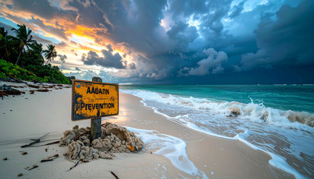 As a dramatic storm gathers on the horizon, casting a dark shadow over the turquoise sea, a weathered warning sign stands as a stark reminder of nature's power.の素材