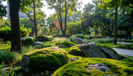 Morning sunlight filters through the canopy, illuminating the vibrant green moss clinging to ancient, weathered stones.の素材