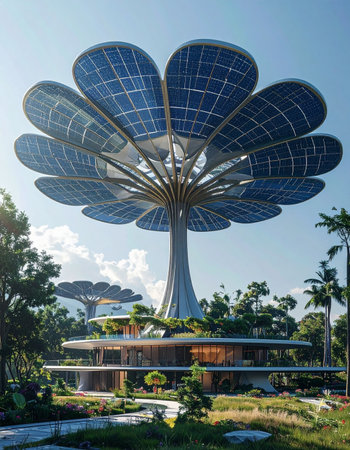 In a utopian city of tomorrow, giant solar flowers bloom towards the sun, harnessing its power to create a clean and sustainable world.の素材