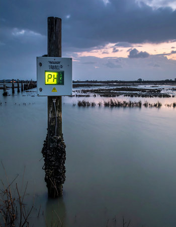 As the sun sets over a coastal estuary, a digital pH sensor stands as a silent sentinel, continuously monitoring the water's acidity.の素材