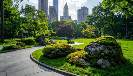 A tranquil path winds through a meticulously landscaped city park, where moss-covered rocks rest on a vibrant green lawn.の素材