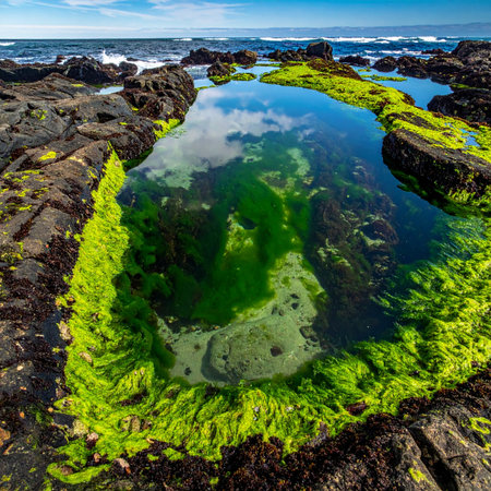 A hidden world of vibrant green algae thrives within a clear tide pool on a rugged volcanic coast.の素材