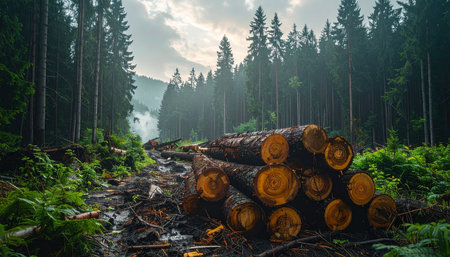 A stack of freshly harvested timber rests in a clearing amidst a dense, misty evergreen forest.の素材