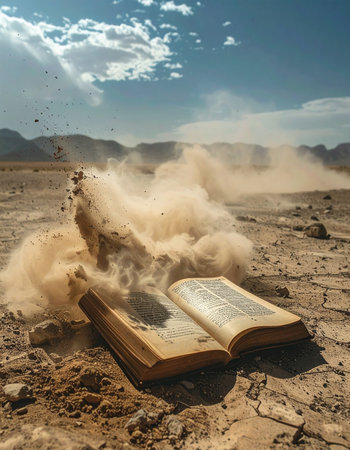 In a vast, arid wasteland, an ancient book lies open on the cracked earth.の素材