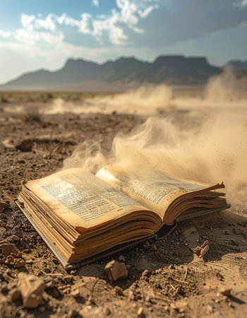 An ancient, weathered book lies open on the cracked desert floor, its pages stirred by a gust of wind that kicks up dust.の素材