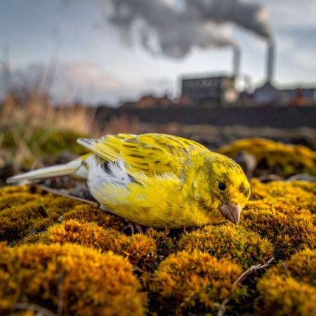 A stark and poignant visual metaphor, this image captures a small yellow canary lying lifeless on a bed of moss.の素材