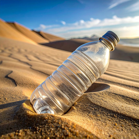 An empty plastic water bottle, a relic of human presence, lies discarded in the vast, sun-scorched desert.の素材