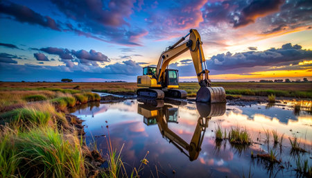 At the end of a long day, a powerful excavator rests silently in a tranquil wetland.の素材
