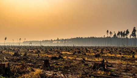 A hazy, orange sun rises over a desolate landscape, revealing the stark reality of deforestation.の素材
