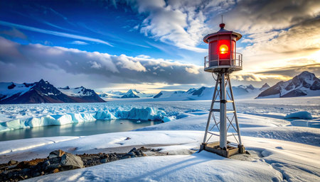 A solitary red beacon stands as a steadfast sentinel against the vast, frozen expanse of a polar wilderness.の素材