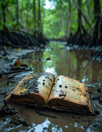 An old, decaying book lies open in the murky, muddy waters of a dense swamp. Its pages, weathered and damaged, hint at a forgotten story or lost knowledge being slowly reclaimed by nature.の素材
