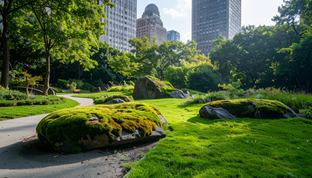 A tranquil path winds through a lush urban garden, where ancient moss-covered boulders rest on vibrant green grass.の素材