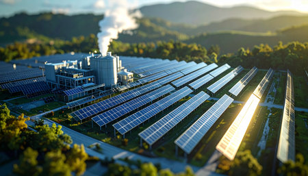 As the sun rises over a lush valley, its golden rays illuminate a sprawling solar farm working in tandem with a traditional power plant.の素材