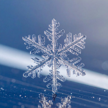 A stunning macro photograph captures the intricate, symmetrical beauty of a single snowflake.の素材